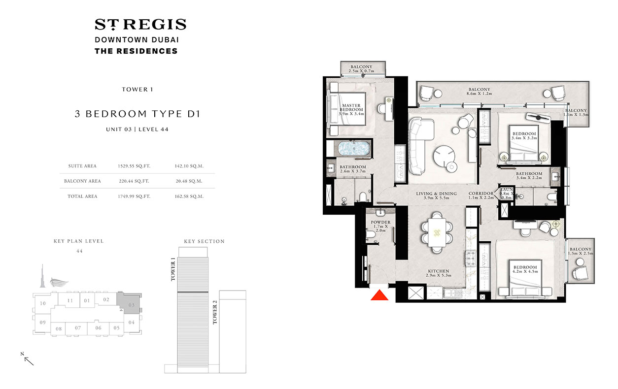 St. Regis The Residences Tower 1 , 3 BR-Type D1, UNIT 3 LEVEL 44